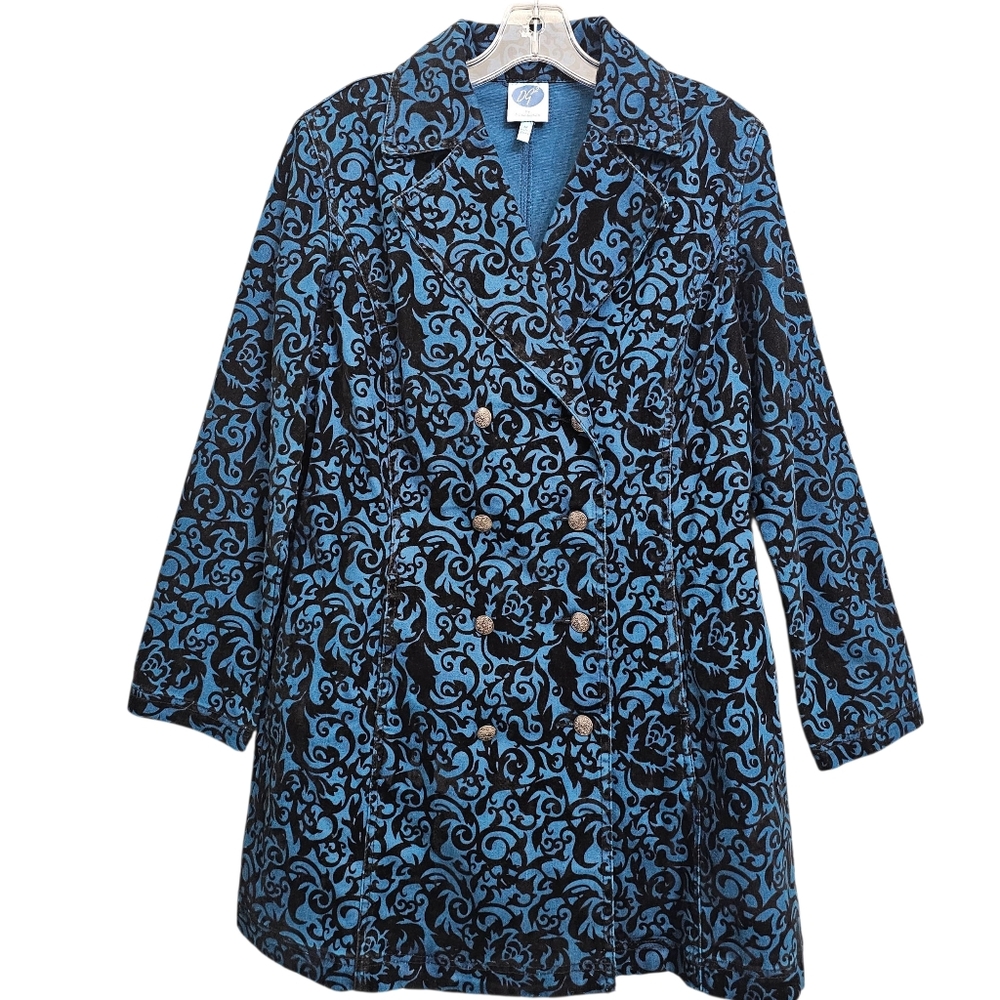 Diane Gilman Nwot Doublebreasted Blue Denim & Velvet Filagree Collared Coat
